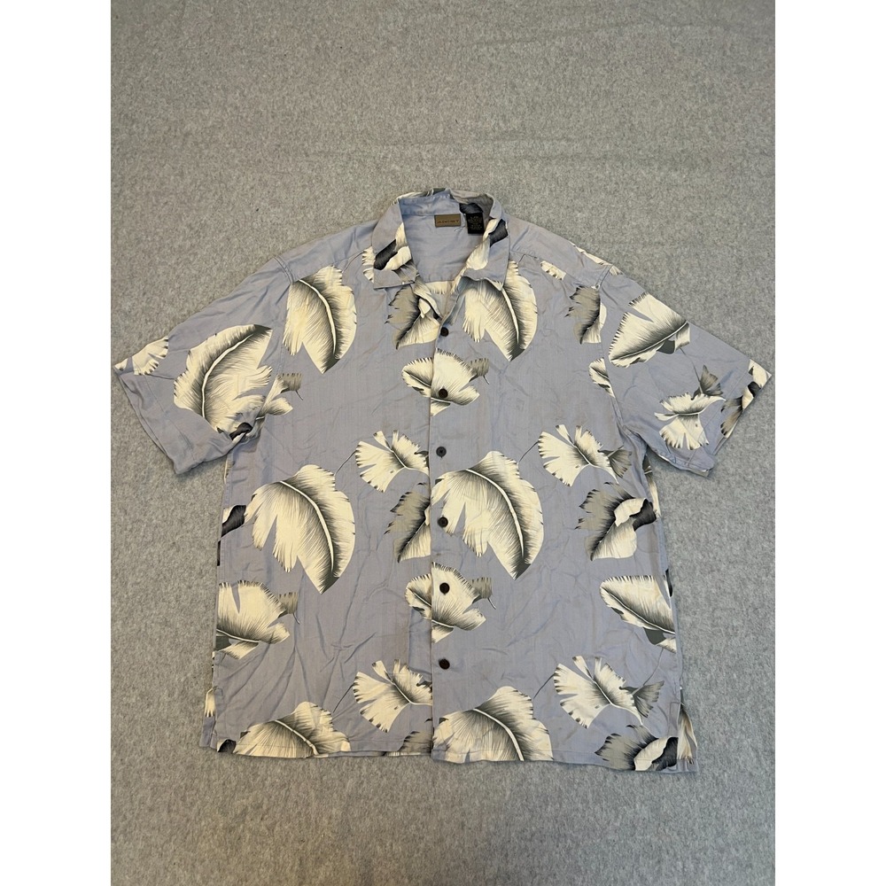 AXIST Boho Silk Shirt Men's Large Blue Tropical Print‎ Vacation Button Up Shirt